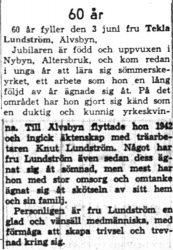 Lundström Tekla Älvsbyn 60 år 3 Juni 1958 NK