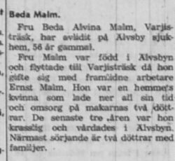 Malm Beda Älvsbyn död 15 Mars 1958 NK
