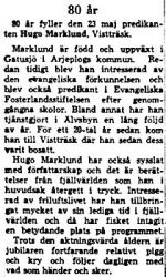 Marklund Hugo Vistträsk 80 år 22 Maj 1964 NK