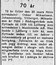 Mikaelsson Oskar Johannestorp 70 år 24 mars 1952 PT