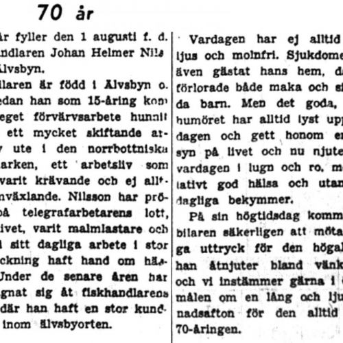 Nilsson Johan Helmer Älvsbyn 70 år 28 juli 1949 PT