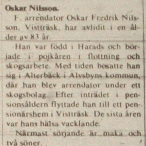 Nilsson Oskar Vistträsk död 8 Juli 1972 NK
