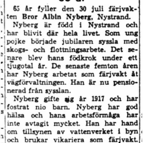 Nyberg Bror Albin Nystrand 65 år 30  Juli 1958 NK