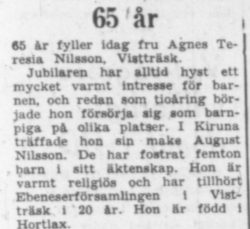 Nilsson Agnes Teresia Vistträsk 65 år 8 Juli 1957 PT
