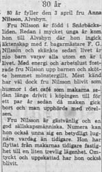 Nilsson Anna Älvsbyn 80 år 28 Mars 1964 NK
