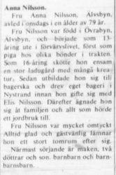 Nilsson Anna Lovisa Övra byn Älvsbyn död 27 Maj 1972 NK