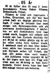 Nilsson Frans Oskar Brännmark 85 år 13 Maj 1958 NK