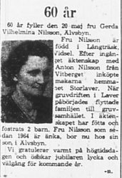 Nilsson Gerda Wilhelmina Älvsbyn 60 år 19 Maj 1965 PT