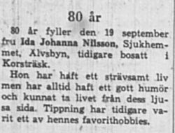 Nilsson Ida Johanna Älvsbyn 80 år 18 Sept 1965 NK