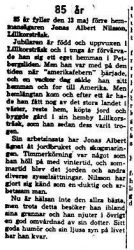 Nilsson Jonas Albert Lillkorsträsk 85 år 13 Maj 1958 NK