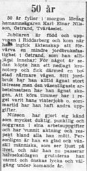 Nilsson Karl Einar Östrand Tväråselet 50 år 12 Okt 1957 PT