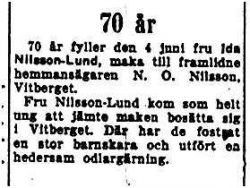 Nilsson-Lund Ida Vitberget 70 år 2 Juni 1953 NK