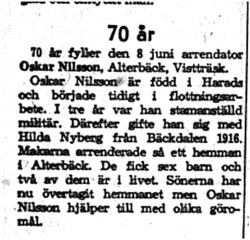 Nilsson Oskar Alterbäck Vistträsk 70 år 8  Juni 1959 NK