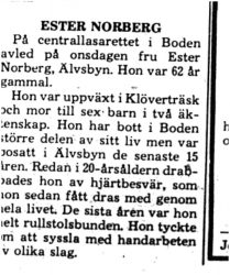 Norberg Ester Älvsbyn död 23 Maj 1975 PT