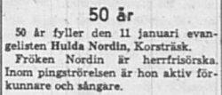 Nordin Hulda Korsträsk 50 år 11 Jan 1960 NK