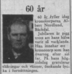 Nordlund Albert Bäckdal 60 år 11 maj 1957 PT