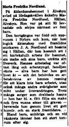 Nordlund Maria Fredrika Hällan död 3 Juni 1958 NK