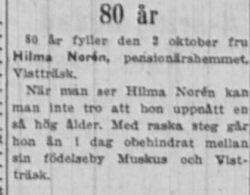 Norén Hilma Vistträsk 80 år 2 Okt 1954 NK