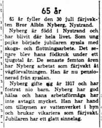Nyberg Bror Albin Nystrand 65 år 30  Juli 1958 NK