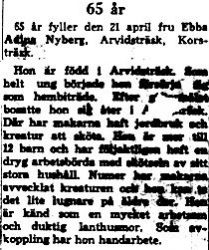 Nyberg Ebba Adina Arvidsträsk 60 år 21 april 1964 NK