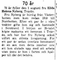 Nyberg Elida Helena  Tvärån 70 år 1 Aug 1958 NK