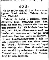 Nyberg Karl Adrian Muskus 60 år 13 Juni 1959 NK