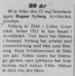 Nyberg Ragnar Arvidsträsk 80 år 21 Maj 1975 NK