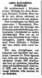 Nyholm Aira Katarina Tvärån död 25 Feb 1975 PT