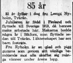 Nyholm Lempi Tvärån 85 år 14 Aug 1965 PT