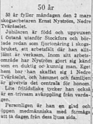Nyström Ernst Nedre Tväråsel 50 år 2 Mars 1964 NK