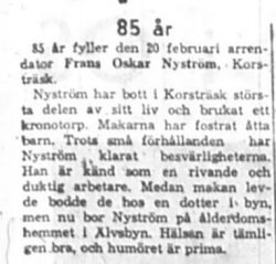 Nyström Frans Oskar Korsträsk 85 år 20 Feb NK