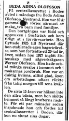 Olofsson Beda Nystrand död 20 Mars 1975 PT