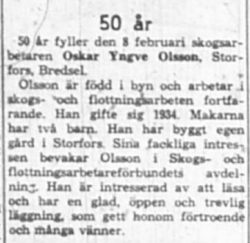 Olsson Oskar Yngve Storfors Bredel 50 år 8 feb NK
