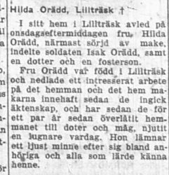 Orädd Hilda Lillträsk död 29 Okt 1955 Nk