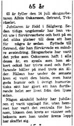 Oskarsson Albin Östrand 65 år 13 Juli 1959 NK