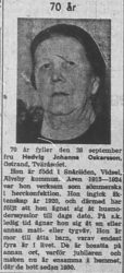 Oskarsson Hedvig Johanna Östrand Tväråsel 70 år 27 Sept 1957 NK