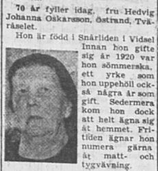 Oskarsson  Hedvig Johanna Östrand Tväråsel 70 år 28 Sept 1957 NSD