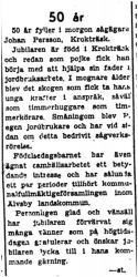 Persson Johan Krokträsk 50 år 10  Okt 1949 PT