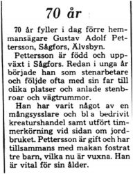 Pettersson Gustav Adolf Sågfors 70 år 25 Jan 1975 PT