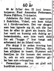 Pettersson Paul Amandus Norra Fällfors Tväråselet 60 år 22 Juni 1959 Nk