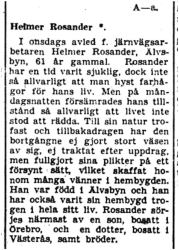 Rosander Helmer Älvsbyn Död 21  Okt 1949 PT