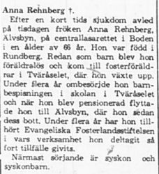 Rehnberg Anna Älvsbyn död 2 April 1965 PT