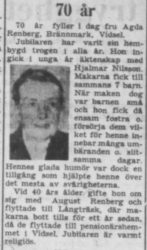Renberg Agda Brännmark Vidsel 70 år 12 Juni 1957 PT