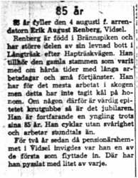 Renberg Erik August Vidsel 85 år 4 Aug 1958 NK