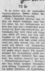 Renberg Petter Anton Rosengren Renbäck Korsträsk 70 år 26 Sept 1957 NK