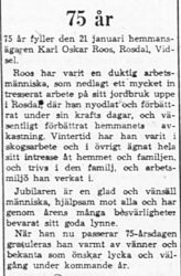 Roos Karl Oskar Rosdal Vidsel 75 år 20 Jan 1962 Pt