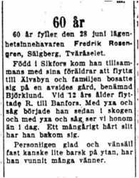 Rosengren Fredrik Leonard Sälgberg Tväråsel 60 år 27   Juni 1958 NK