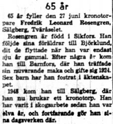 Rosengren Fredrik Leonard Sälgberg Tväråsel 65 år 28  Juni 1953 NK
