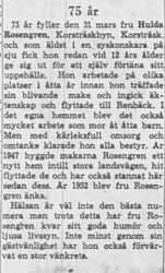 Rosengren Hulda Korsträskbyn 75 år 28 Mars 1964 NK