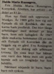 Rosengren Hulda Korsträskbyn död 22 Juli 1972 NK